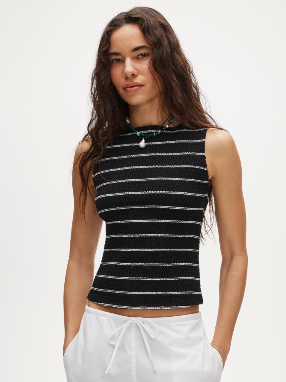 J.Crew Smocked shell tank top in stripe - Dahlia Stripe Black Ivory